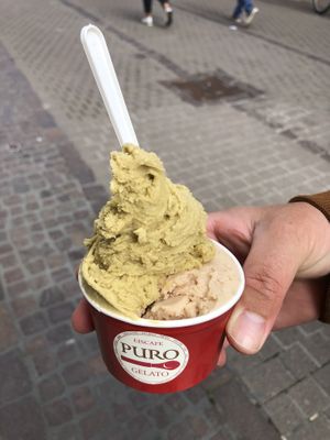 Yummy vegan almond milk ice: pistachio and hazelnut  at Eiscafe Puro in Heidelberg