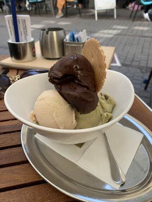 Hazelnut, chocolate and pistachio  at Eiscafe Puro in Heidelberg