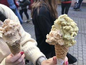 Pistachio and hazle nut ice cream (1.40 € each) at Eiscafe Puro in Heidelberg