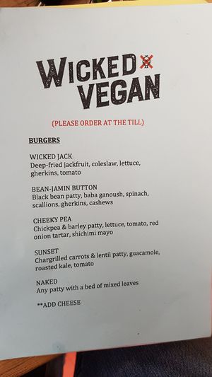 Burger menu at Wicked Vegan in South West London
