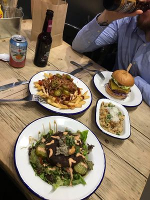 Naked bean burger, loaded chips, jackfruit burger and mac’n’cheese! at Wicked Vegan in South West London