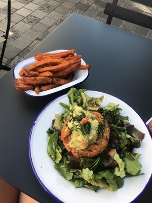 Sunset burger “naked” (w salad instead of bun) and sweet potato chips (only an extra £!) at Wicked Vegan in South West London