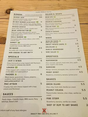 The menu at Wicked Vegan in South West London