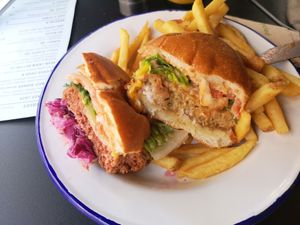 Half beef burger, half chicken burger 🍔 at Wicked Vegan in South West London