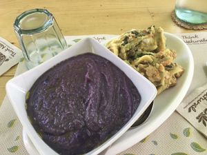 Red cabbage soup and tempeh and bechemal lasagna . at Vegan e Veg in Messina