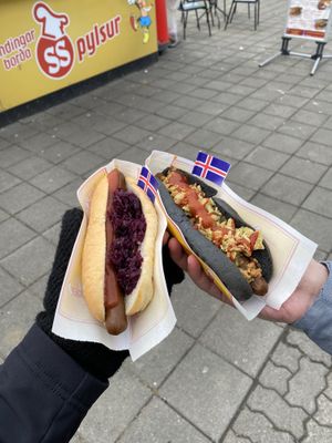 Vegan hotdog with red cabbage and vegan volcanic hot dog at Akureyri Hot Dog Stand in Akureyri