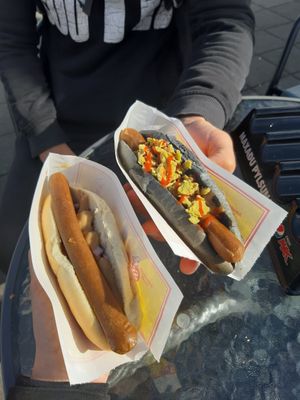 Vegan hot dog and vegan volcano hot dog (very spicy) at Akureyri Hot Dog Stand in Akureyri