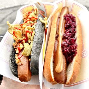 Volcanic (left), standard with pickled cabbage (right)  at Akureyri Hot Dog Stand in Akureyri