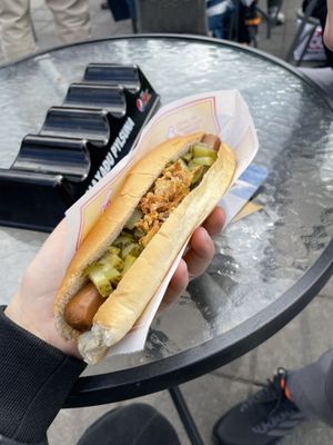 vegan hot dog with pickled cucumber  at Akureyri Hot Dog Stand in Akureyri