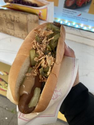 Hot Dog with pickled cucumber for the 1000kr at Akureyri Hot Dog Stand in Akureyri