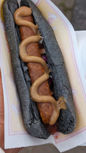 Black dog at Akureyri Hot Dog Stand in Akureyri