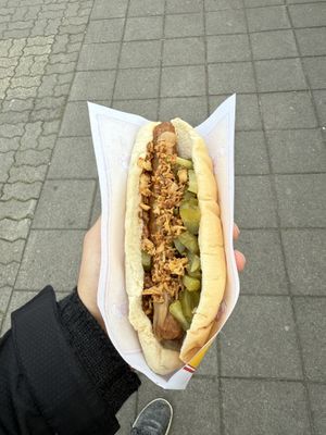 vegan hotdog with pickled cucumberrs  at Akureyri Hot Dog Stand in Akureyri