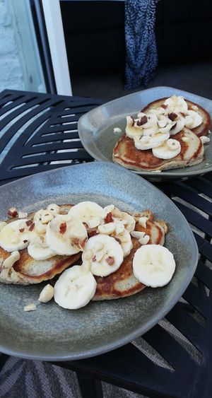 Her signature, delicious banana pancakes with roasted hazelnuts, super fluffy at Vegan B&B Valkenbos in The Hague
