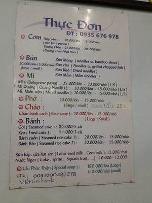 Menu at Phuc Thien in Da Nang