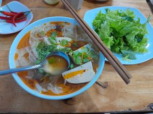 Bun mang (noodles with bamboo shoot) The white pieces is most likely fish cake at Phuc Thien in Da Nang
