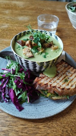 The broccoli soup with a half sandwich at Open New Doors in Mjolby
