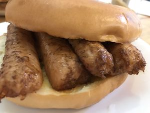 Vegan sausage bagel at Thought Foundation in Birtley