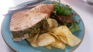 Falafel flat bread with salad and crisps at Hive Coffee Company in Jarrow