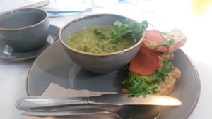 Broccoli and leek soup with bacon, rocket and hummus sandwich at Hive Coffee Company in Jarrow