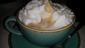 Toffee nut decaf soya latte with squirty cream at Hive Coffee Company in Jarrow