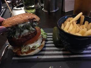 “Plant-based burger”, think it’s the Beyond Meat burger. at The Sheep Heid Inn in Edinburgh