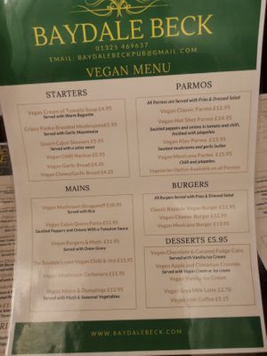 A full vegan menu available.
Fairly priced, proper pub grub and lush vegan parmos. 
Always friendly and a great pub garden.  at Baydale Beck Inn in Darlington