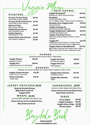 Veggie Menu at Baydale Beck Inn in Darlington