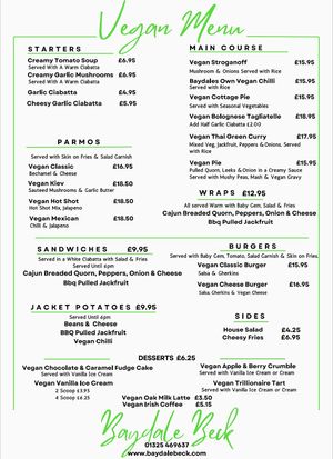 Vegan Menu at Baydale Beck Inn in Darlington