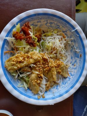Bún (vermicelli salad) with lemongrass tofu (half eaten) at Hanh Phuc - Vegetarian Restaurant in Surry Hills