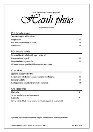 Hanh Phuc Lunch Menu-2 at Hanh Phuc - Vegetarian Restaurant in Surry Hills