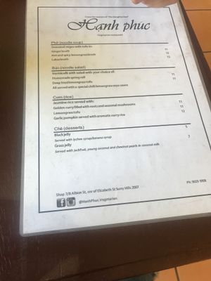The address on the actual menu. Not what happy cow says it's at.  at Hanh Phuc - Vegetarian Restaurant in Surry Hills