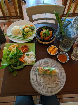 Corn fritters + garlic/pumpkin rice at Hanh Phuc - Vegetarian Restaurant in Surry Hills