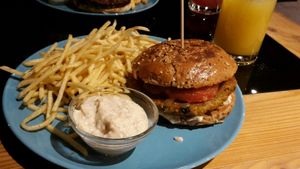 Vegan Burger with "skinny" fries and almond aioli...yummy at Grill 69 in Dortmund