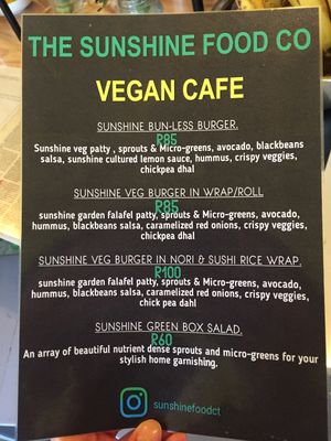 Menu  at The Sunshine Food Co in Cape Town