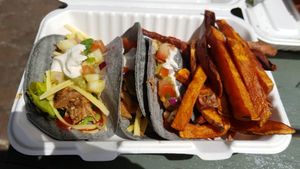 Jackfruit tacos with cheese at Vegan Fiesta in Enfield