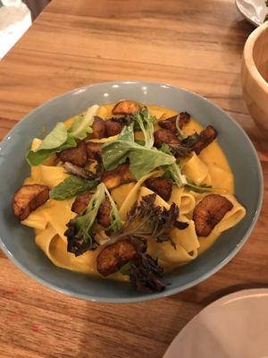 Creamy plantain pasta dish  at KAIME in Medellin