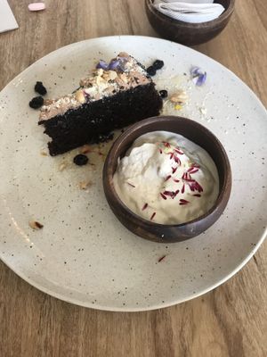 Torta de chocolate con helado de coco at KAIME in Medellin