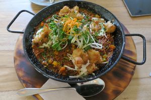 Noodle dish with tempura mushroom at KAIME in Medellin