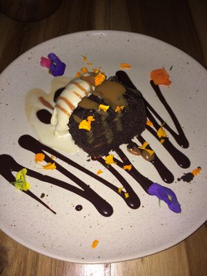 Chocolate cake with coconut ice cream at KAIME in Medellin