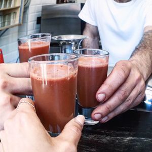 Watermelon shots for us! Fresh cold-pressed juice. at NektaR in Crete