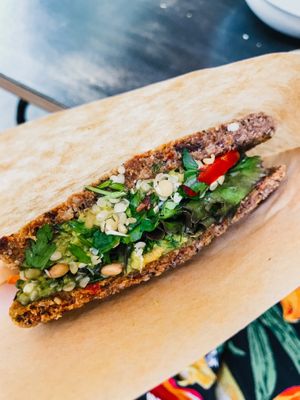 Raw Vegan Avocado samdwish on dehydrated mushroom/flax bread. Amazing! at NektaR in Crete