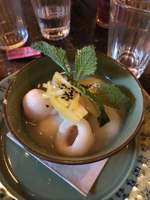 Vegan dessert- black sesame dumpling with lychee at Boa-Bao in Lisbon
