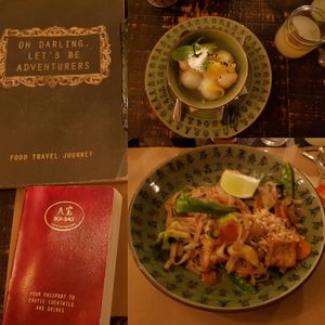 Vegan pad thai and black sesame balls with lychee and ginger tea at Boa-Bao in Lisbon