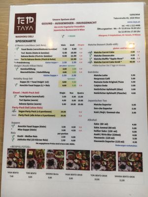 Menu as of mid 2018 at Taya Washoku Deli in Vienna
