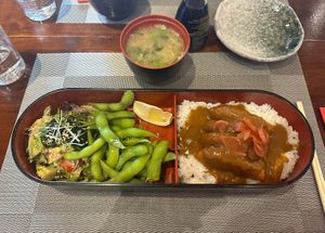 Vegan pumpkin Katsu bento box and miso soup!  at Zushi in Banbury