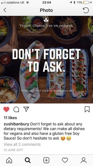 Can make all dishes vegan if asked at Zushi in Banbury