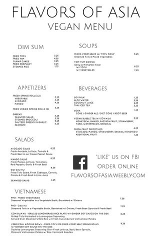 vegan menu at Flavors of Asia in Rochester