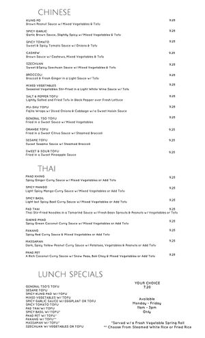 vegan menu at Flavors of Asia in Rochester