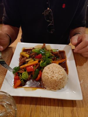 Vegan Citrus spareribs and veggies stirfried, tell them your desired level of heat. at Green Elephant Vegetarian Bistro in Portland