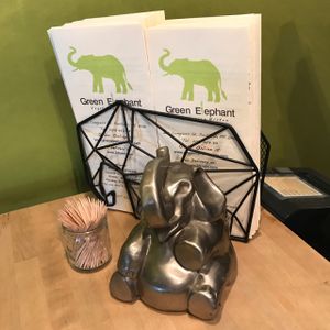 happy elephant at Green Elephant Vegetarian Bistro in Portland